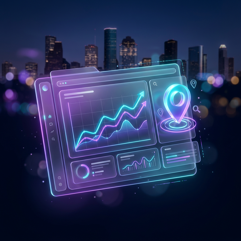 Illustration of a glowing SEO analytics dashboard with upward-trending search ranking charts over a Houston skyline