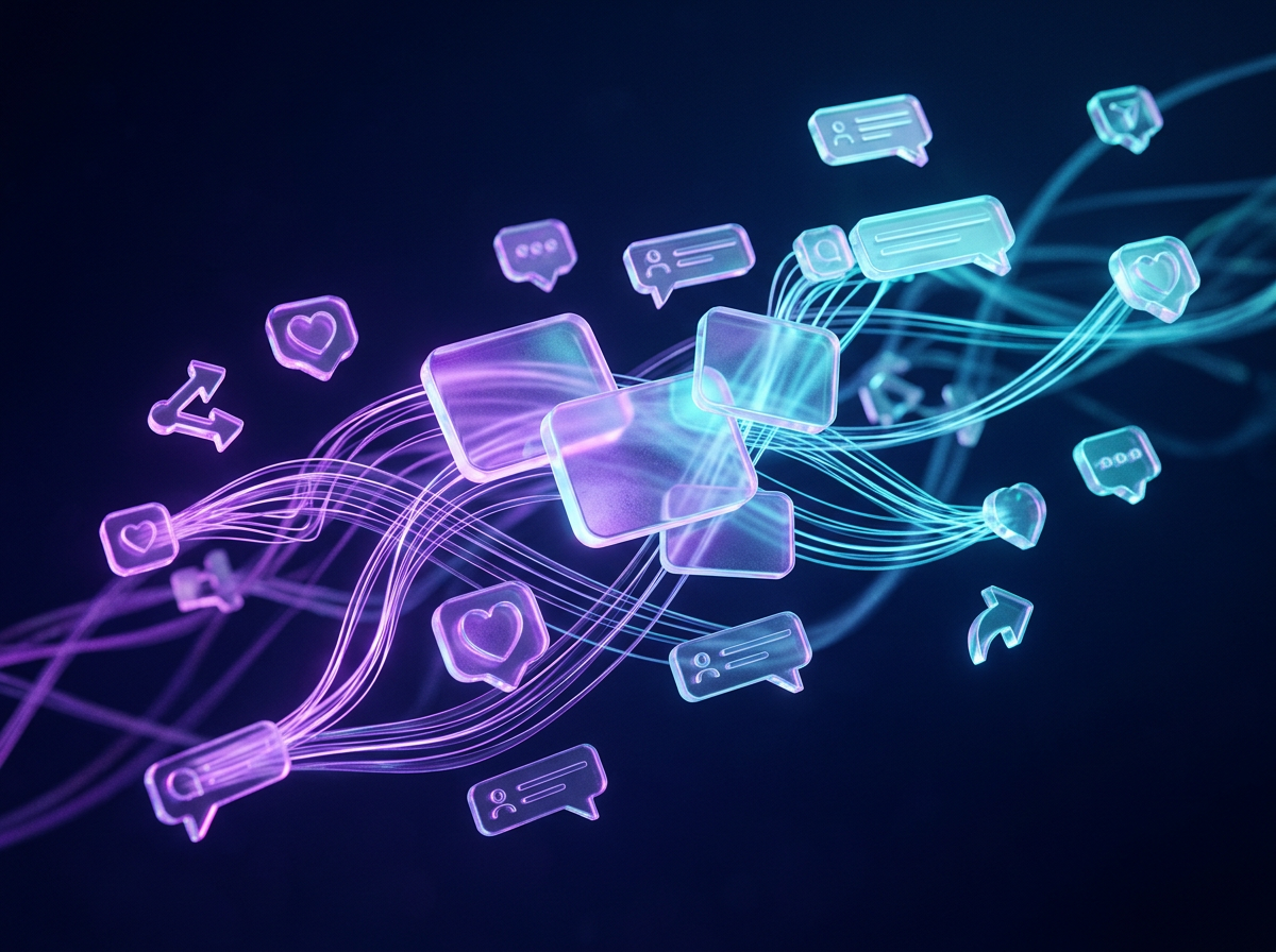 Glowing social media content cards and engagement icons connected by light trails