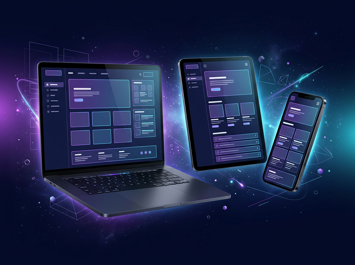 Responsive website design displayed on a laptop, tablet, and smartphone with purple and cyan lighting